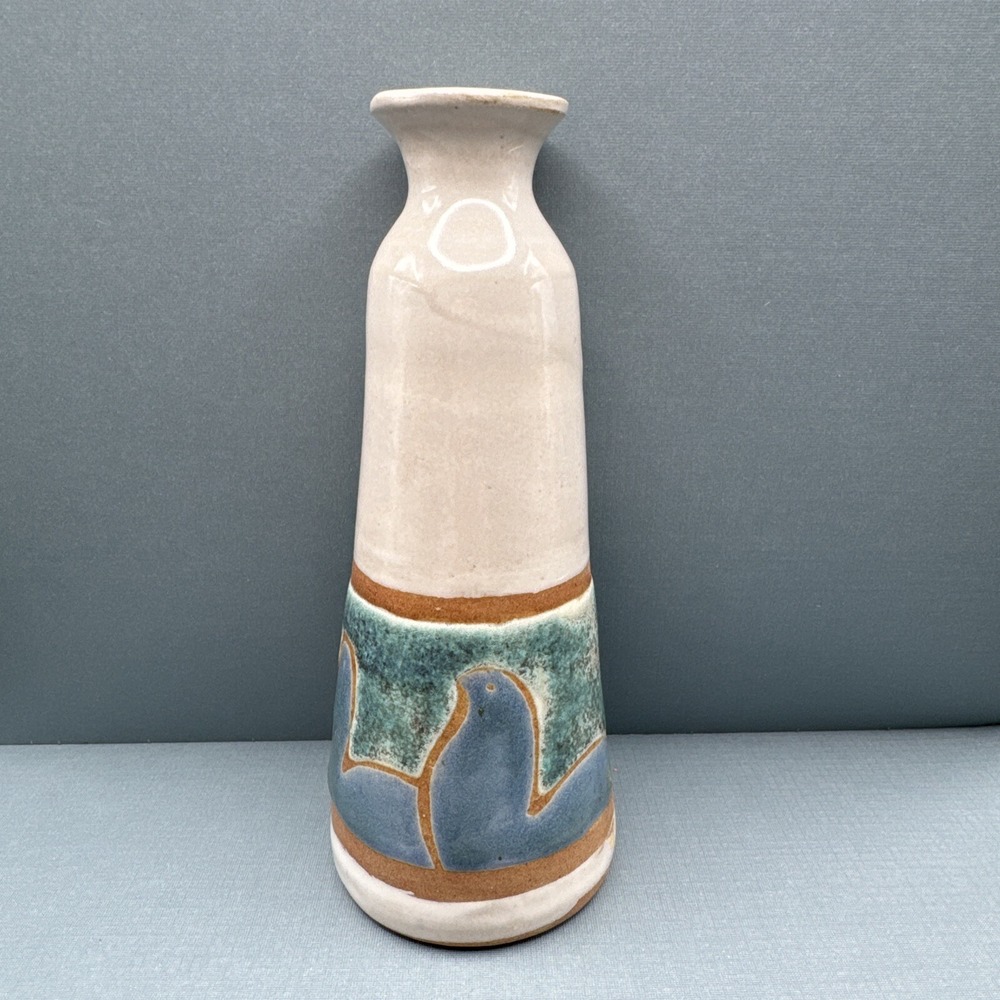 Vtg Paco Padilla Mexican Ceramic Folk‎ Art Pottery Bud Vase Birds Blue Signed